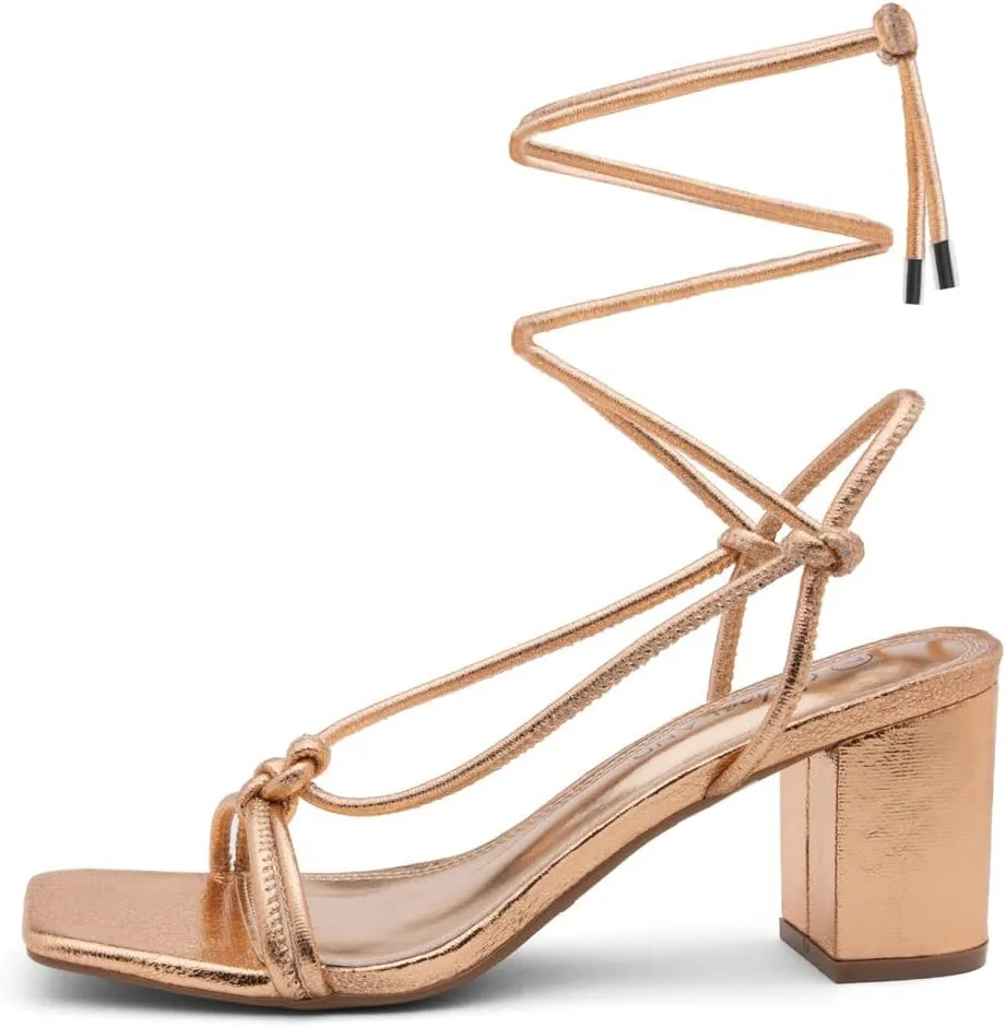 Shoe Land SL-Sweets Women's Lace-Up Chunky Low Heels, Strappy Ankle Wrap Tie-Up Block Short Heels – Semi-Casual Heeled Sandals for Prom Wedding and Party