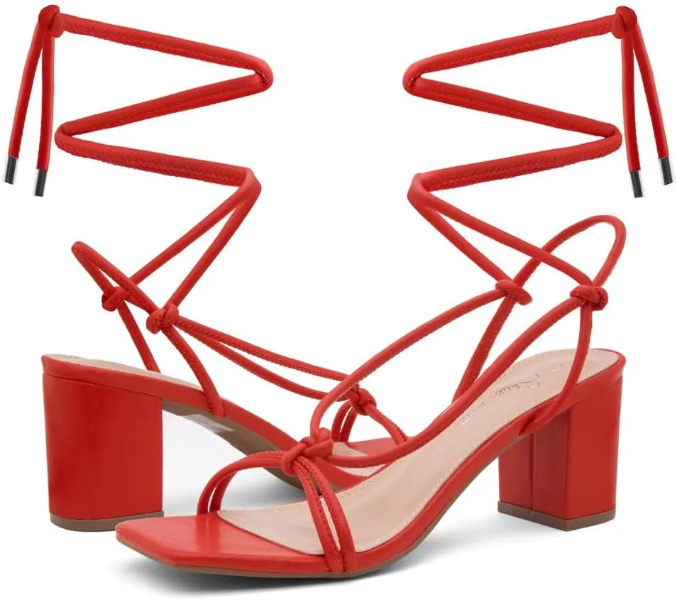 Shoe Land SL-Sweets Women's Lace-Up Chunky Low Heels, Strappy Ankle Wrap Tie-Up Block Short Heels – Semi-Casual Heeled Sandals for Prom Wedding and Party