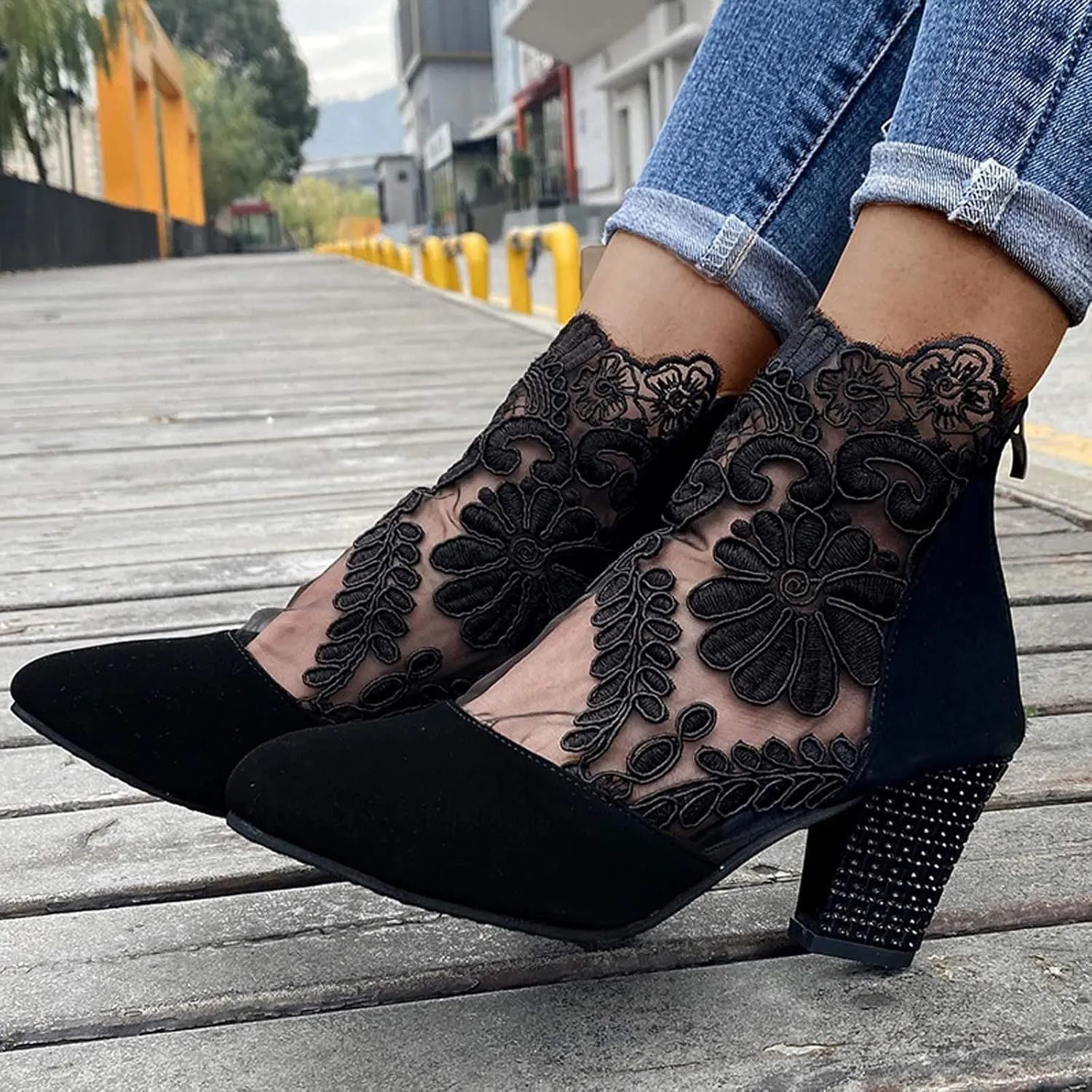 Shoes for Women Dressy, Sandals Women Sexy Hollow Floral Lace Chunky High Heels Platform Boots Casual Boots
