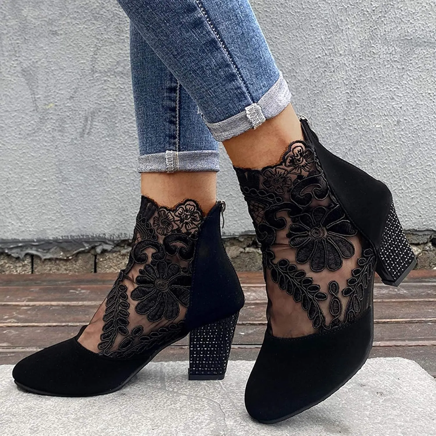 Shoes for Women Dressy, Sandals Women Sexy Hollow Floral Lace Chunky High Heels Platform Boots Casual Boots