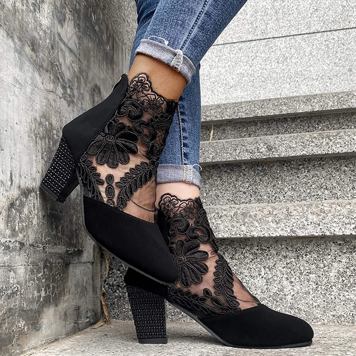 Shoes for Women Dressy, Sandals Women Sexy Hollow Floral Lace Chunky High Heels Platform Boots Casual Boots