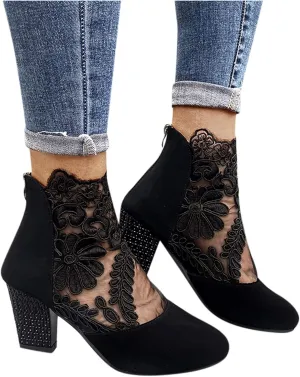 Shoes for Women Dressy, Sandals Women Sexy Hollow Floral Lace Chunky High Heels Platform Boots Casual Boots