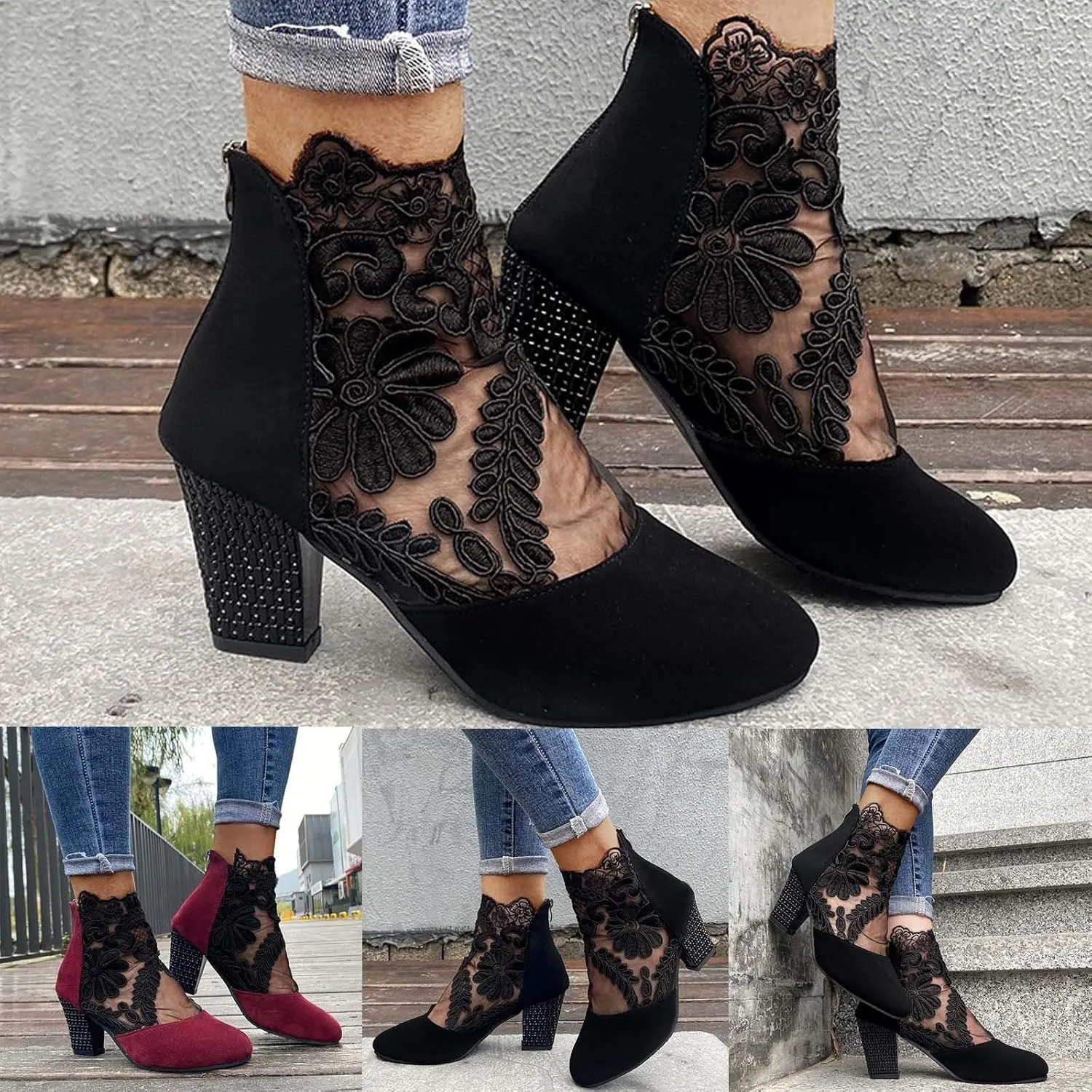 Shoes for Women Dressy, Sandals Women Sexy Hollow Floral Lace Chunky High Heels Platform Boots Casual Boots