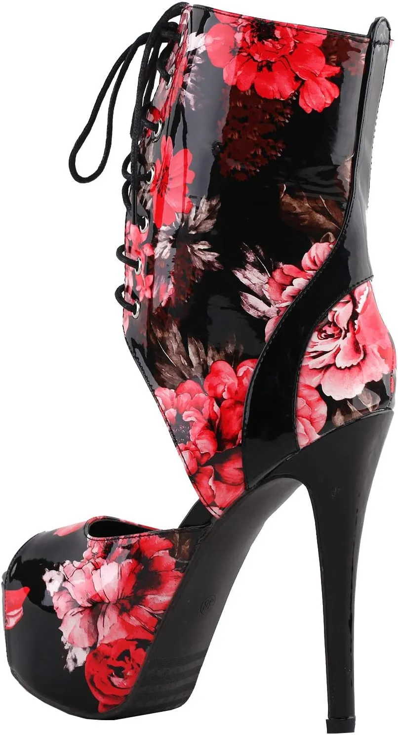 SHOW STORY Retro Black Red Floral Print Lace-Up Platform High Heel Club Ankle Bootie Sandals,LF80888