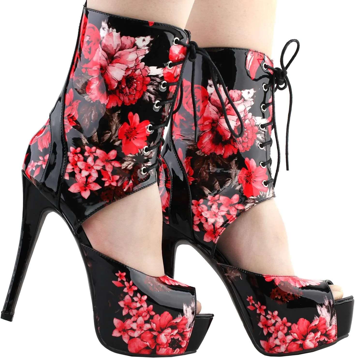 SHOW STORY Retro Black Red Floral Print Lace-Up Platform High Heel Club Ankle Bootie Sandals,LF80888