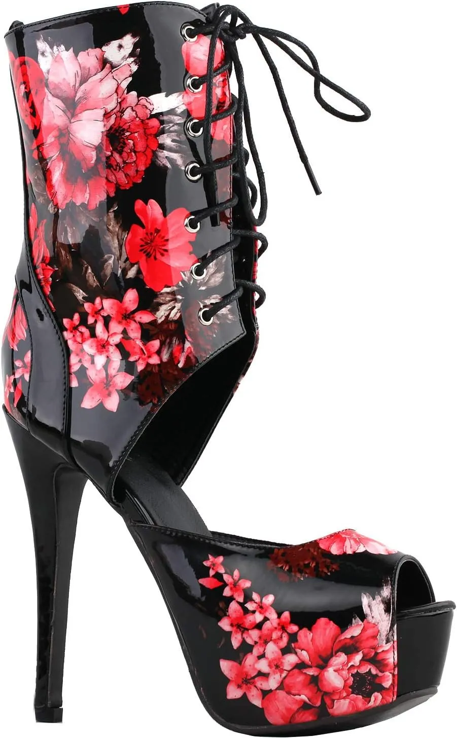 SHOW STORY Retro Black Red Floral Print Lace-Up Platform High Heel Club Ankle Bootie Sandals,LF80888