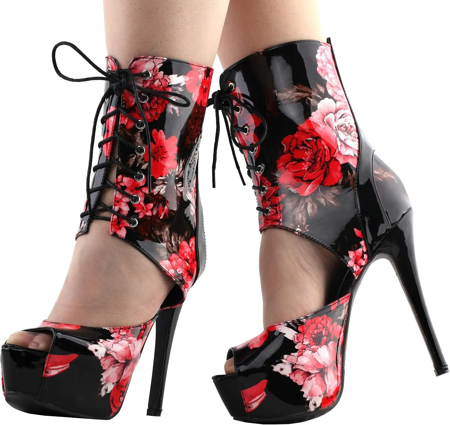 SHOW STORY Retro Black Red Floral Print Lace-Up Platform High Heel Club Ankle Bootie Sandals,LF80888