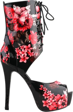 SHOW STORY Retro Black Red Floral Print Lace-Up Platform High Heel Club Ankle Bootie Sandals,LF80888