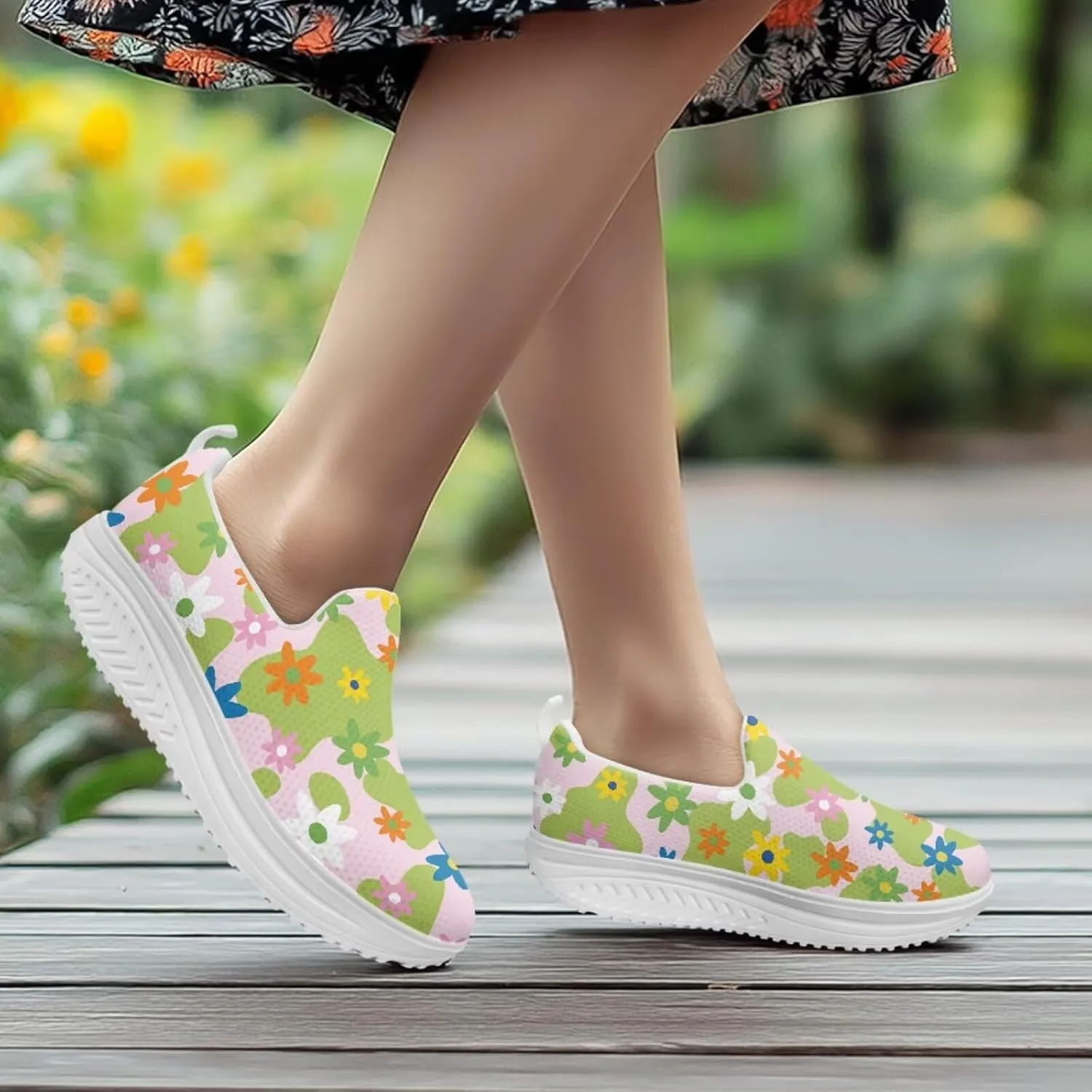 Slip On Women Shoes Hippie Florals Rocking Sole Loafers Comfort Elastic Stretch Mesh Casual Walking Sneakers