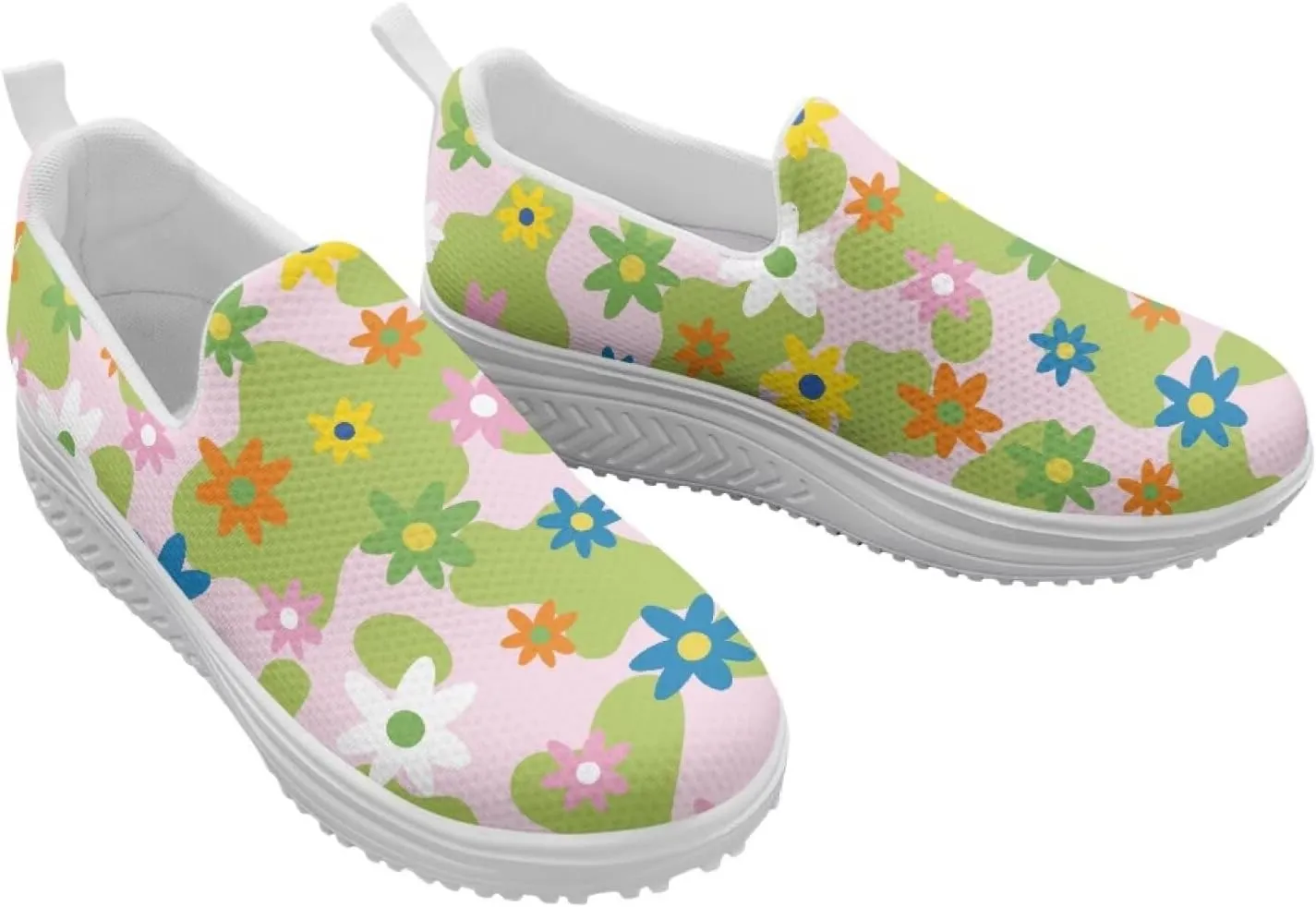 Slip On Women Shoes Hippie Florals Rocking Sole Loafers Comfort Elastic Stretch Mesh Casual Walking Sneakers