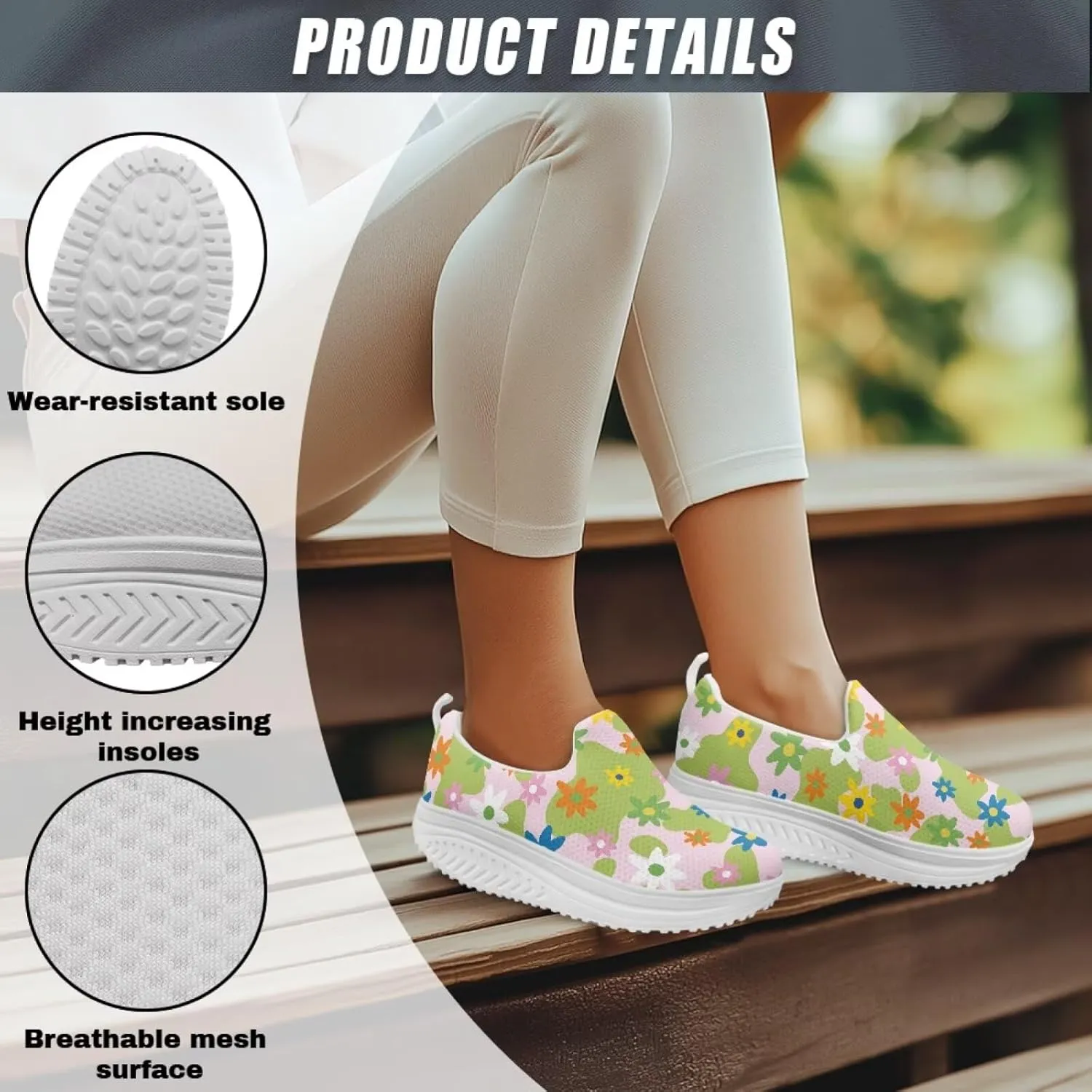 Slip On Women Shoes Hippie Florals Rocking Sole Loafers Comfort Elastic Stretch Mesh Casual Walking Sneakers