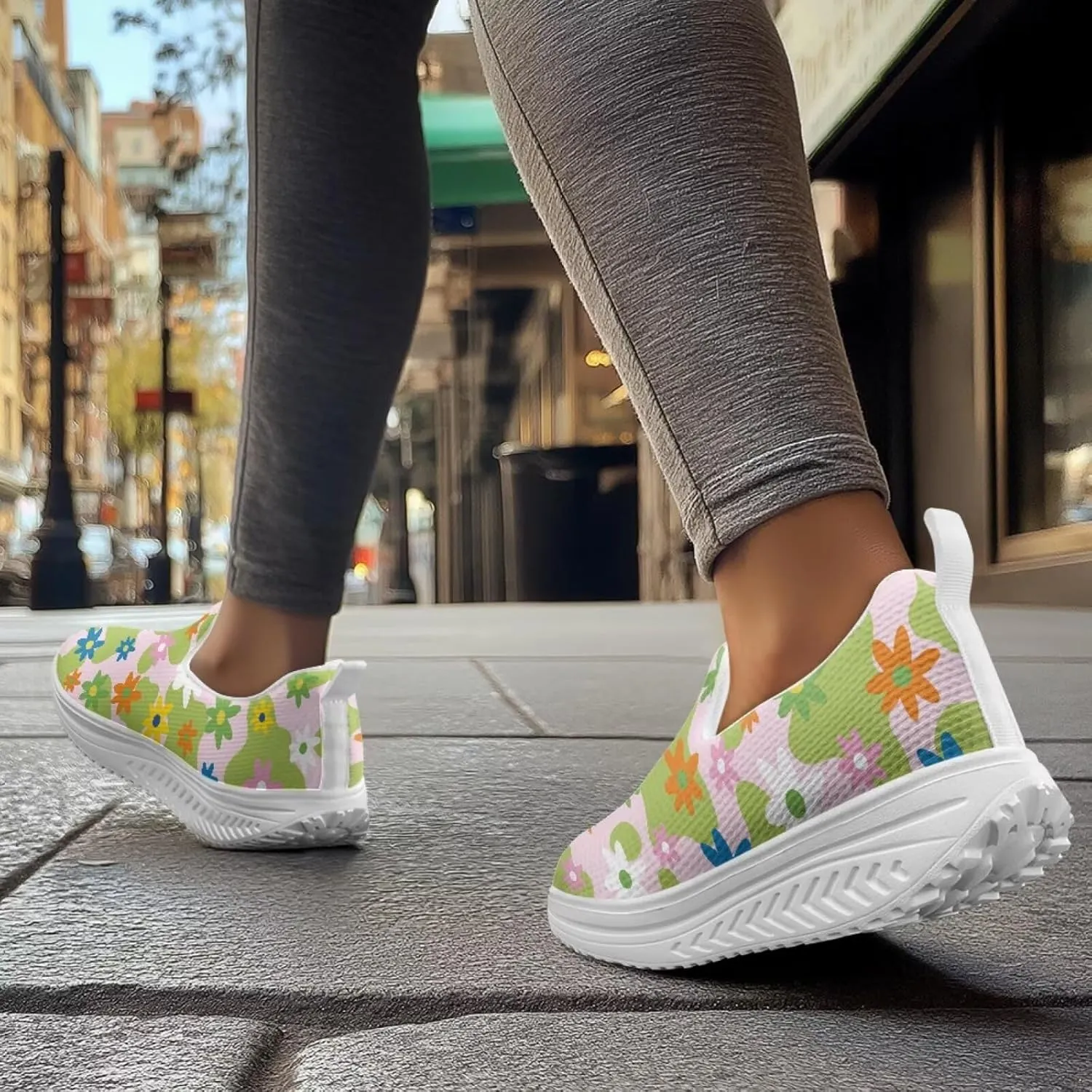 Slip On Women Shoes Hippie Florals Rocking Sole Loafers Comfort Elastic Stretch Mesh Casual Walking Sneakers