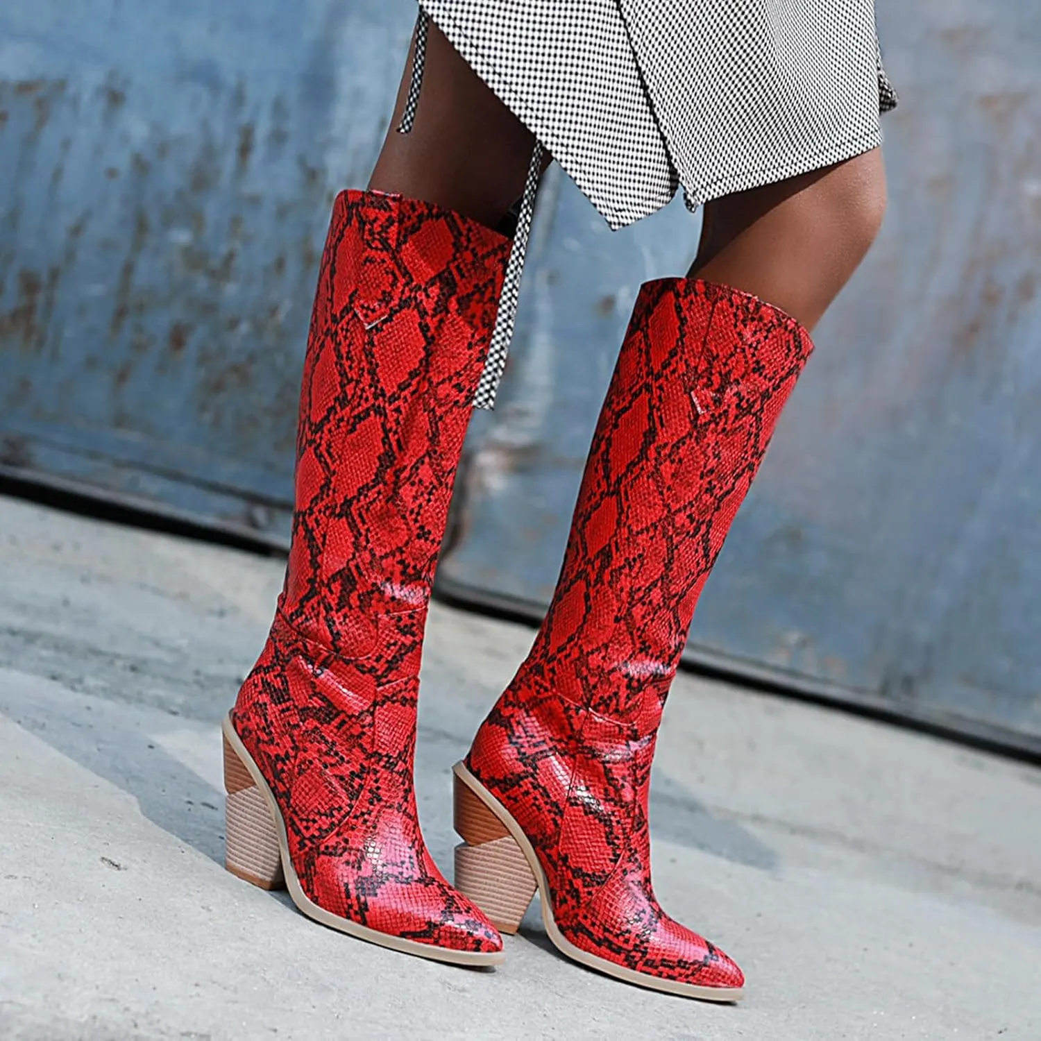 Snake Print Knee High Boots for Women Chunky Heel Pointed Toe Cowboy Boots Sexy Western Snakeskin Cowgirl Boots