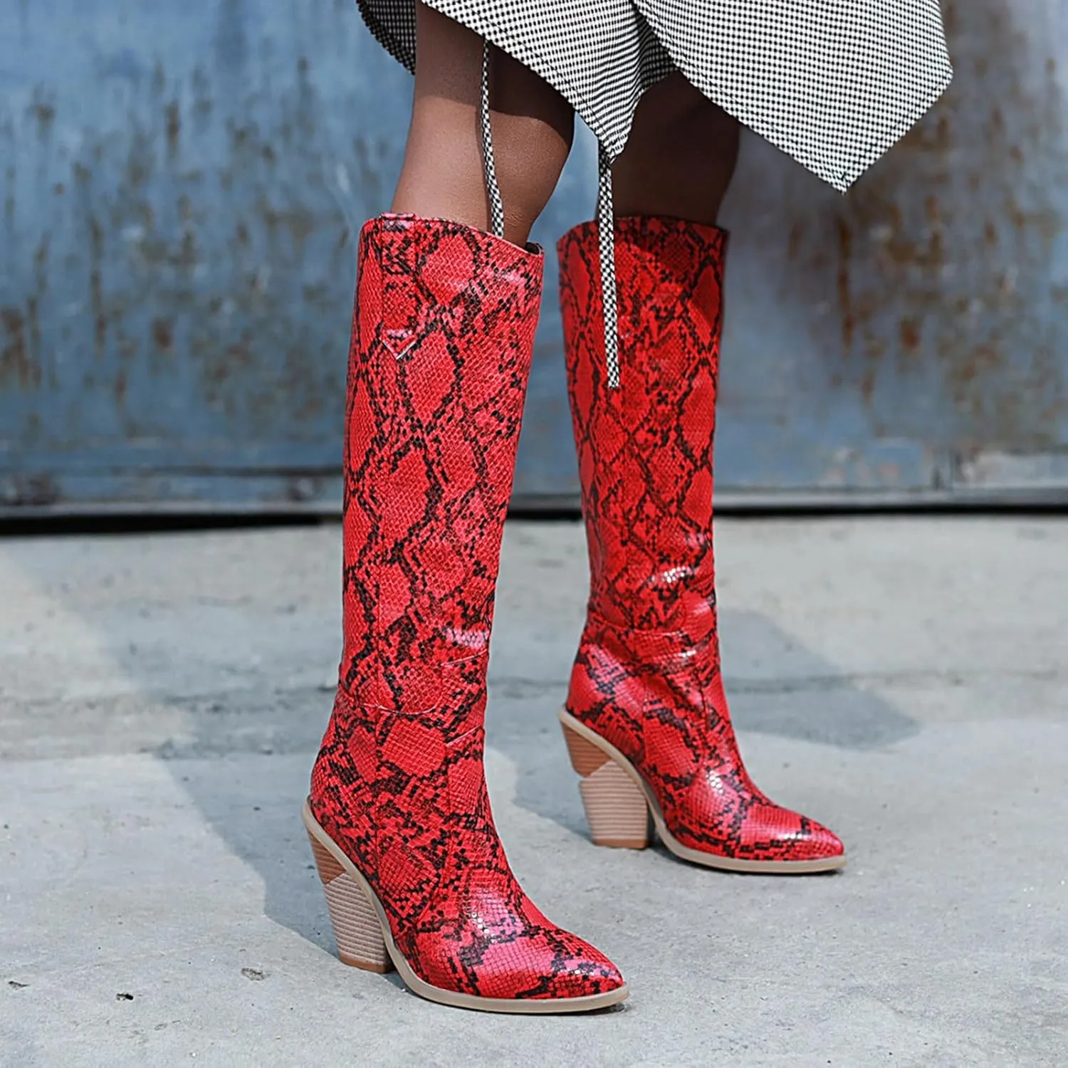 Snake Print Knee High Boots for Women Chunky Heel Pointed Toe Cowboy Boots Sexy Western Snakeskin Cowgirl Boots