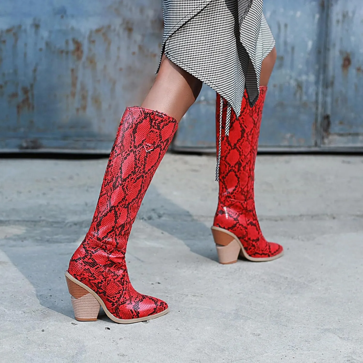 Snake Print Knee High Boots for Women Chunky Heel Pointed Toe Cowboy Boots Sexy Western Snakeskin Cowgirl Boots