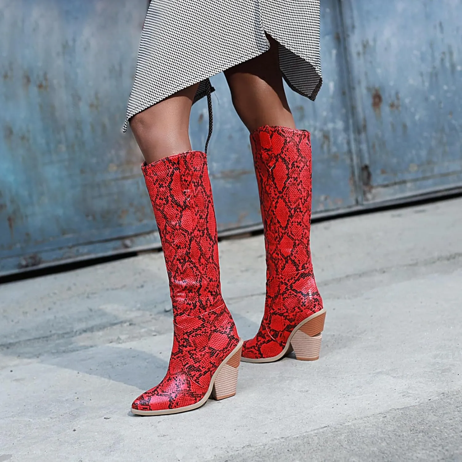 Snake Print Knee High Boots for Women Chunky Heel Pointed Toe Cowboy Boots Sexy Western Snakeskin Cowgirl Boots