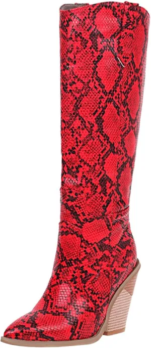 Snake Print Knee High Boots for Women Chunky Heel Pointed Toe Cowboy Boots Sexy Western Snakeskin Cowgirl Boots