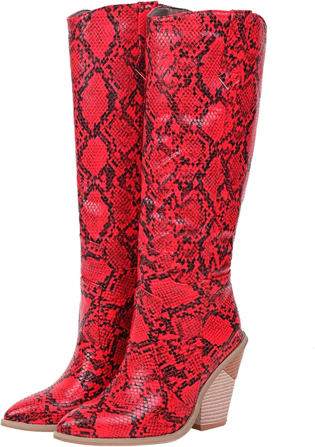 Snake Print Knee High Boots for Women Chunky Heel Pointed Toe Cowboy Boots Sexy Western Snakeskin Cowgirl Boots