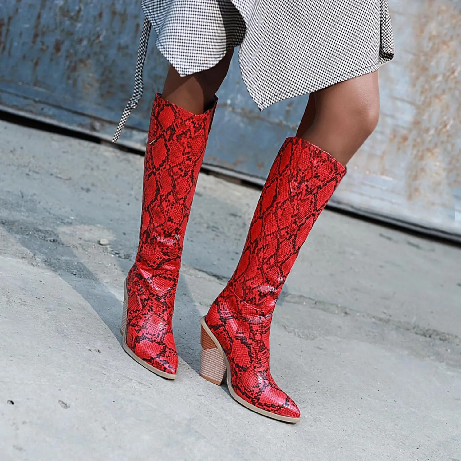 Snake Print Knee High Boots for Women Chunky Heel Pointed Toe Cowboy Boots Sexy Western Snakeskin Cowgirl Boots