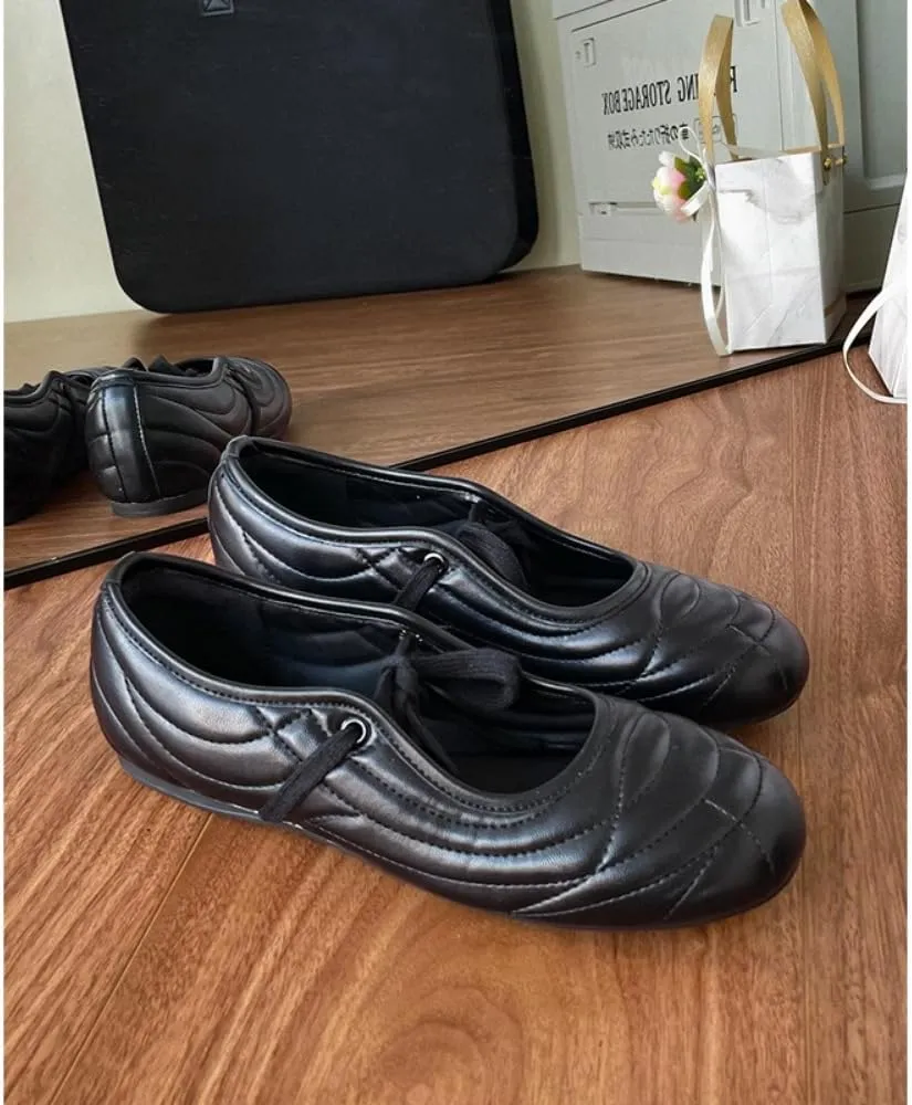 Sneakerina Flats Ballet Sneakers Women Girls Cute Retro Y2K Round Toes Slip on Non-Slip Chunky Sole Lace-up Platform Leather Tennis Sneakers Preppy Back to School Gifts Daughter Granddaughter