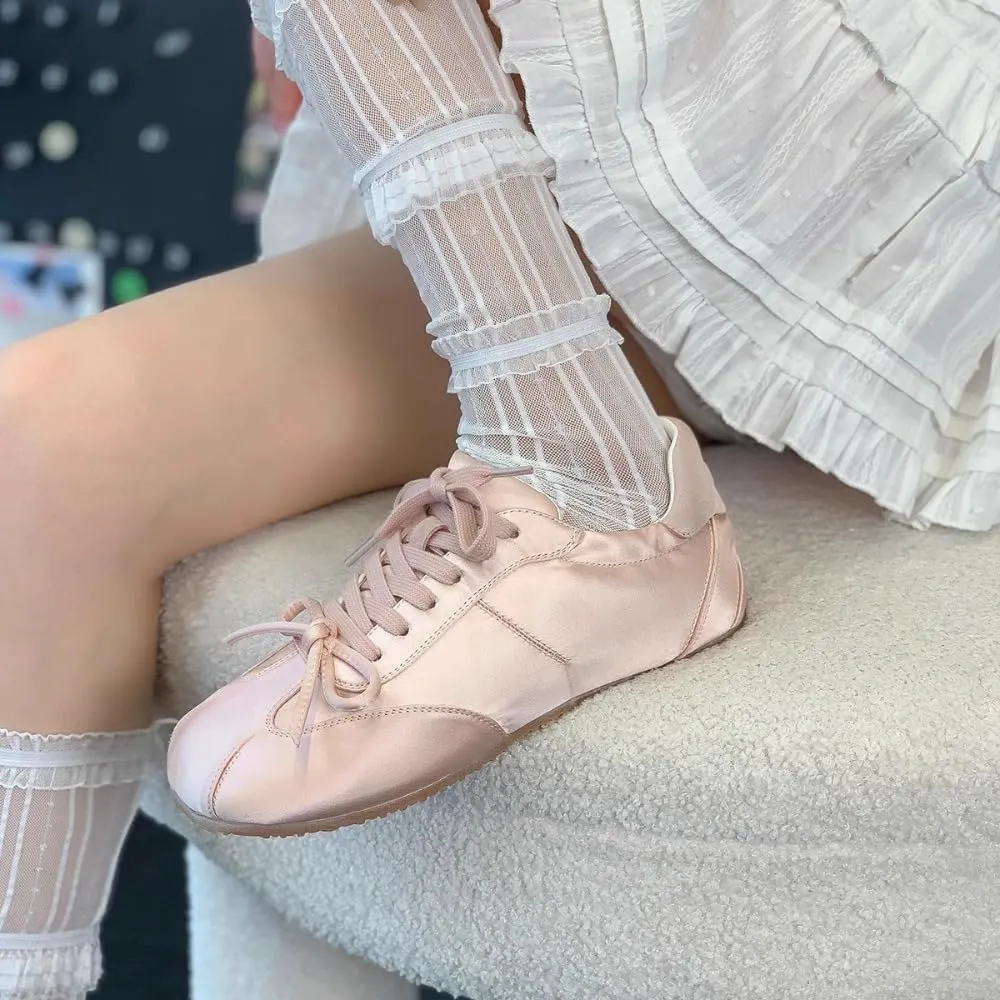 Sneakerina Lace-up Satin Ballet Sneakers Women Girls Cute Y2K Retro Lightweight Breathable Non-Slip Sole Casual Platform Tennis Sneakers Preppy Back to School Gifts Daughter Granddaughter