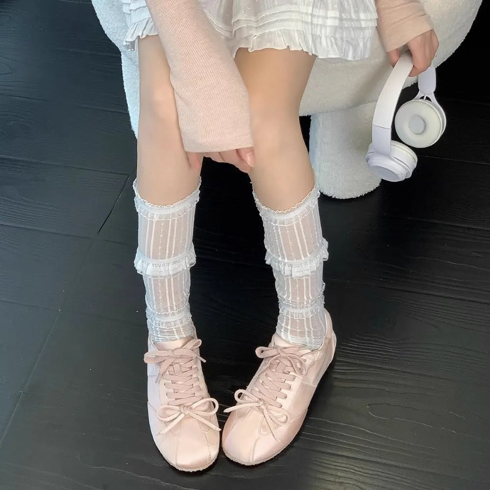 Sneakerina Lace-up Satin Ballet Sneakers Women Girls Cute Y2K Retro Lightweight Breathable Non-Slip Sole Casual Platform Tennis Sneakers Preppy Back to School Gifts Daughter Granddaughter