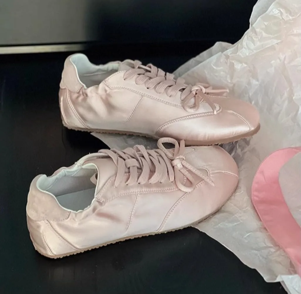 Sneakerina Lace-up Satin Ballet Sneakers Women Girls Cute Y2K Retro Lightweight Breathable Non-Slip Sole Casual Platform Tennis Sneakers Preppy Back to School Gifts Daughter Granddaughter