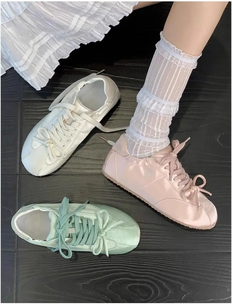 Sneakerina Lace-up Satin Ballet Sneakers Women Girls Cute Y2K Retro Lightweight Breathable Non-Slip Sole Casual Platform Tennis Sneakers Preppy Back to School Gifts Daughter Granddaughter