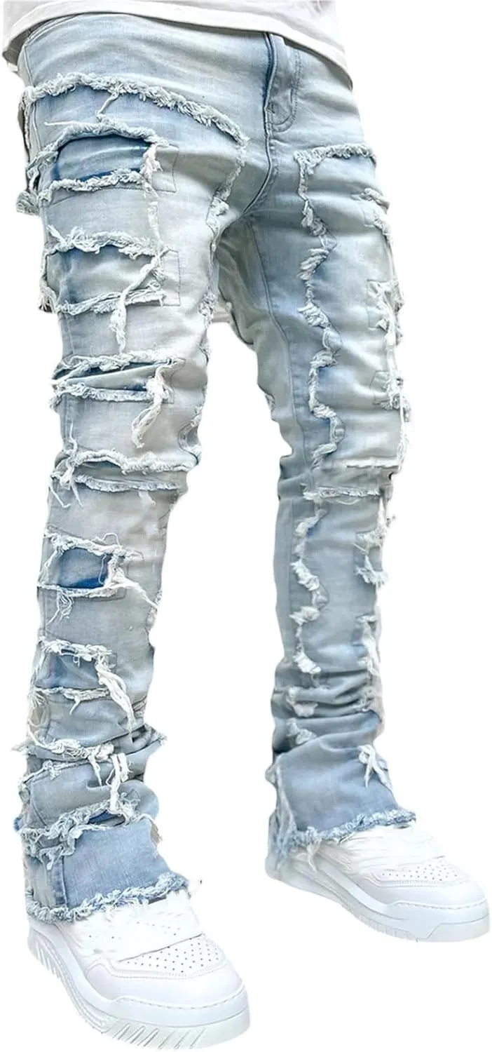 Stacked Jeans Men Skinny Ripped Jeans Slim Fit Patchwork Denim Pants Y2K Goth Harajuku Emo Hip Hop Jeans Trouser