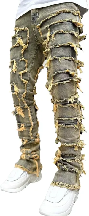 Stacked Jeans Men Skinny Ripped Jeans Slim Fit Patchwork Denim Pants Y2K Goth Harajuku Emo Hip Hop Jeans Trouser