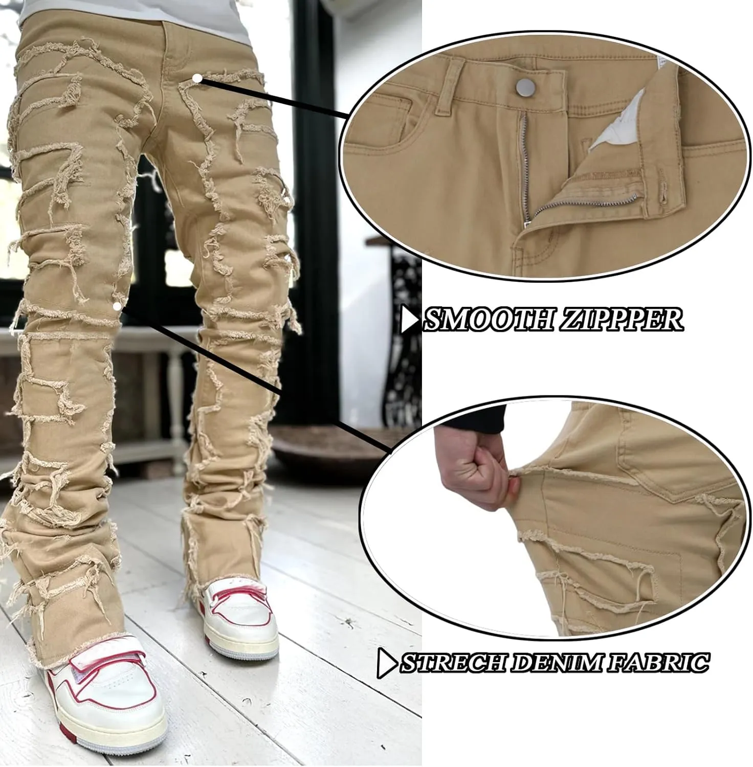 Stacked Jeans Men Skinny Ripped Jeans Slim Fit Patchwork Denim Pants Y2K Goth Harajuku Emo Hip Hop Jeans Trouser