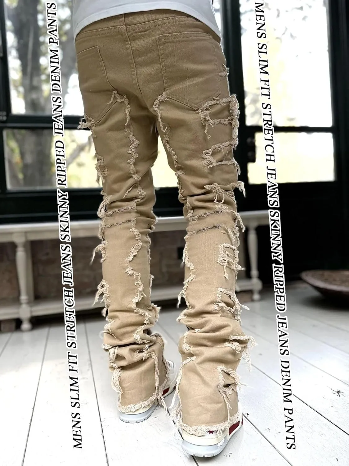 Stacked Jeans Men Skinny Ripped Jeans Slim Fit Patchwork Denim Pants Y2K Goth Harajuku Emo Hip Hop Jeans Trouser