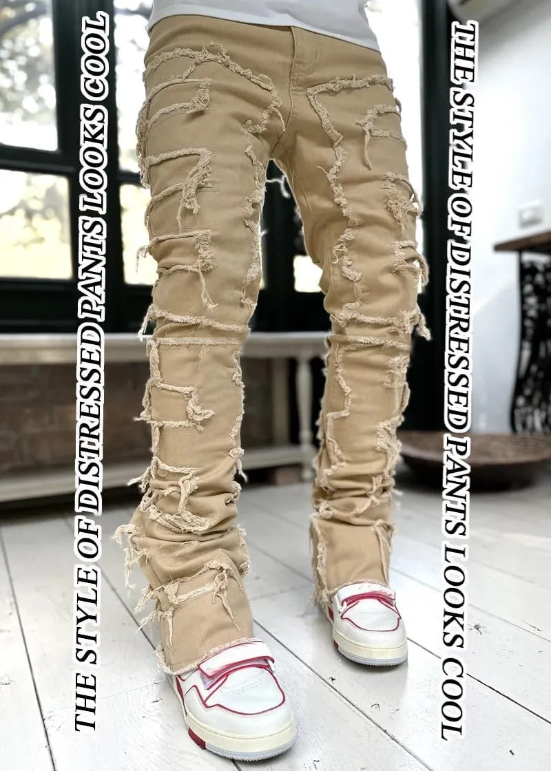 Stacked Jeans Men Skinny Ripped Jeans Slim Fit Patchwork Denim Pants Y2K Goth Harajuku Emo Hip Hop Jeans Trouser