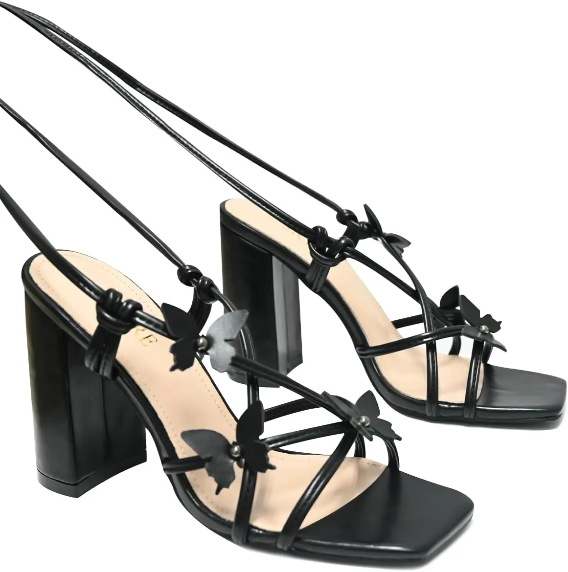 Strappy Heels for Women Sexy Lace Up Chunky High Heels Sandals Square Open Toe Heels with Bow White Black Gold Silver Tie Up Block Heels for Party, Prom, Evening