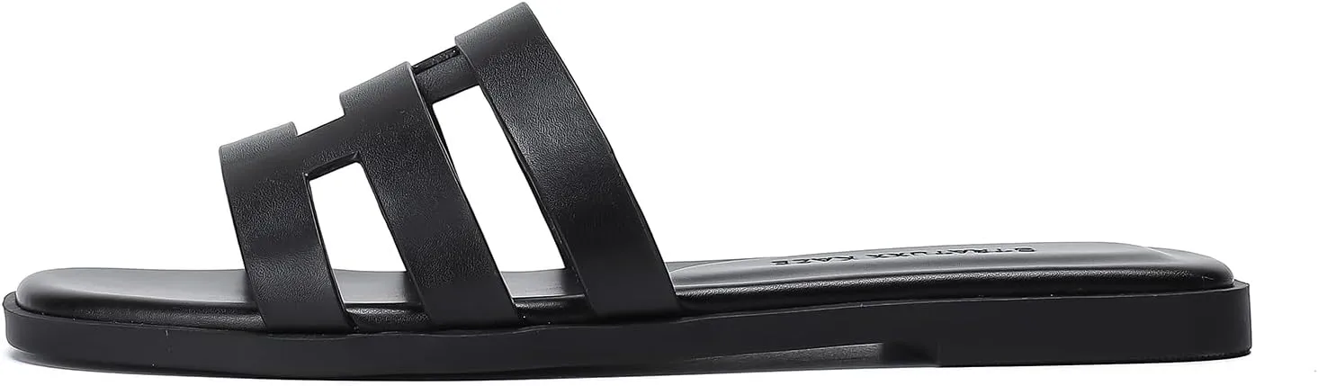 Stratuxx Kaze Womens Flat Sandals Dressy Summer Slide Dress Sandals Comfortable Cute Leather Black Sandals for Women