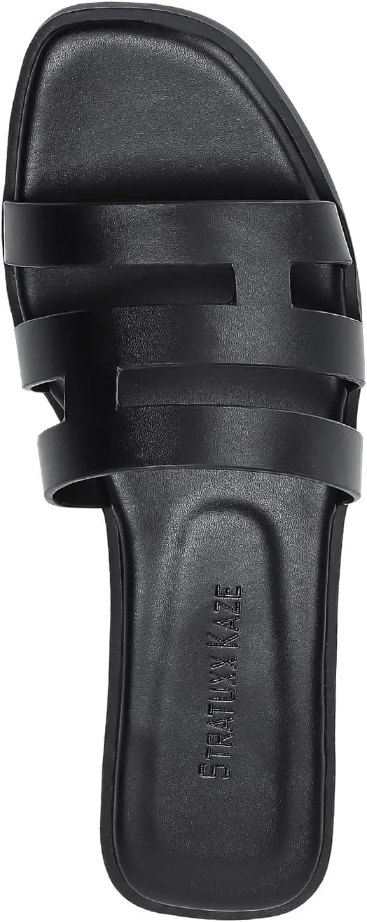 Stratuxx Kaze Womens Flat Sandals Dressy Summer Slide Dress Sandals Comfortable Cute Leather Black Sandals for Women
