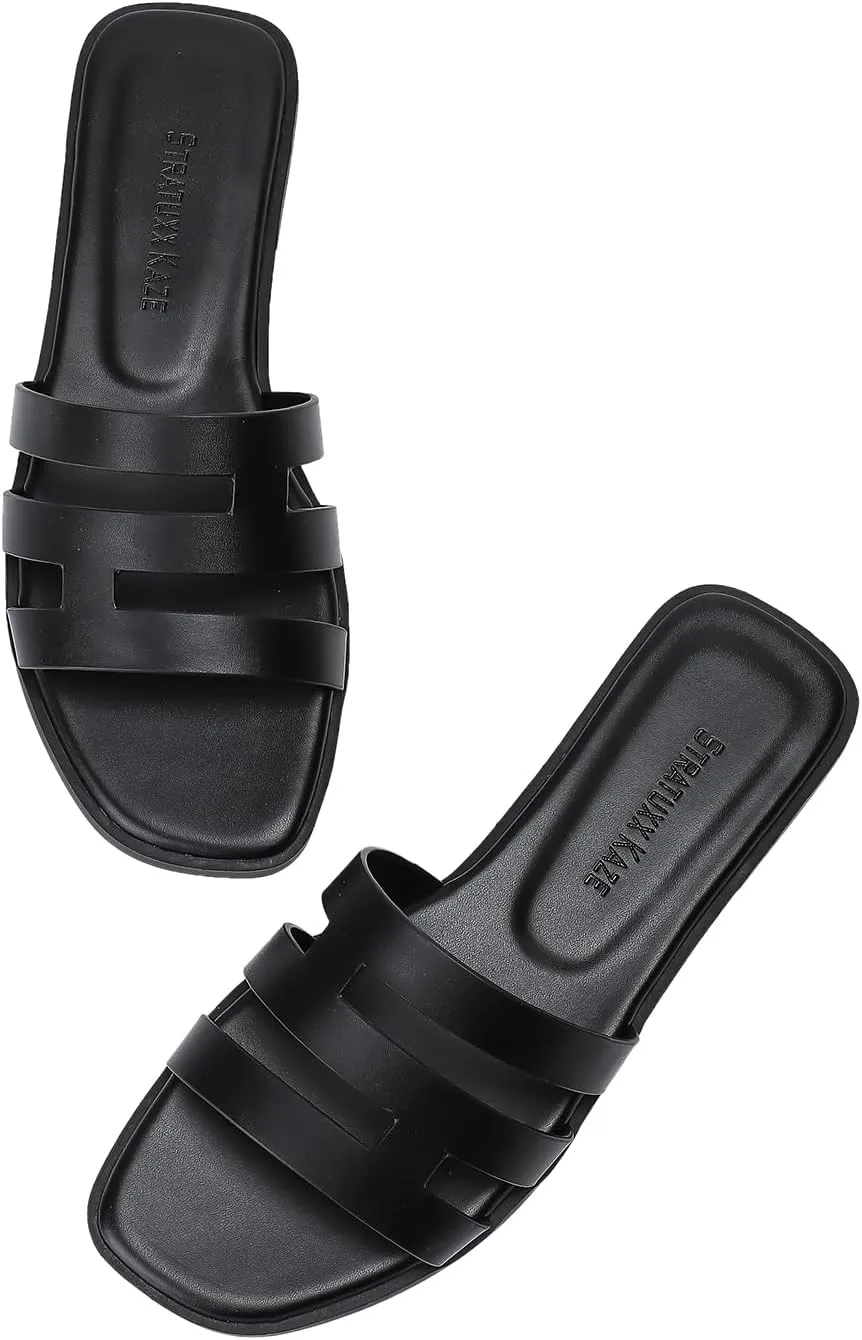 Stratuxx Kaze Womens Flat Sandals Dressy Summer Slide Dress Sandals Comfortable Cute Leather Black Sandals for Women