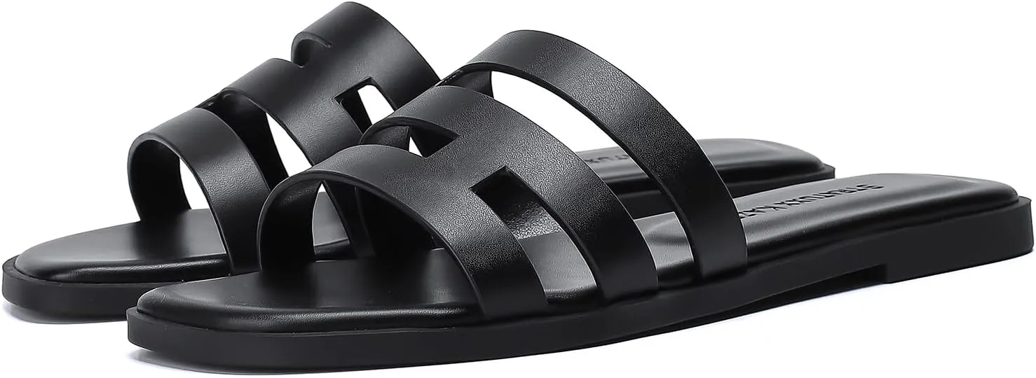 Stratuxx Kaze Womens Flat Sandals Dressy Summer Slide Dress Sandals Comfortable Cute Leather Black Sandals for Women