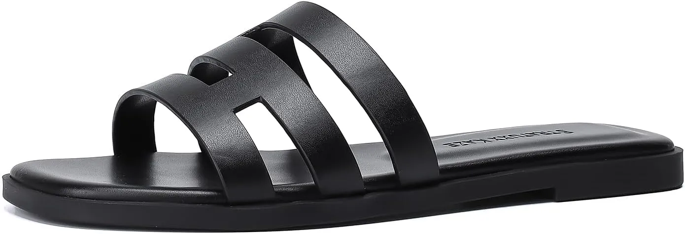 Stratuxx Kaze Womens Flat Sandals Dressy Summer Slide Dress Sandals Comfortable Cute Leather Black Sandals for Women