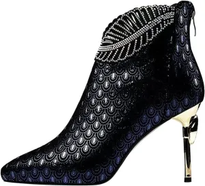 SuanlaTDS Short Boots for Women, Women's Rhinestone Western Boots Classic Vintage Pointed Toe Sexy High Stiletto Heel Zipper Pumps Wedding Bowtie Fall Dress Booties Shoes
