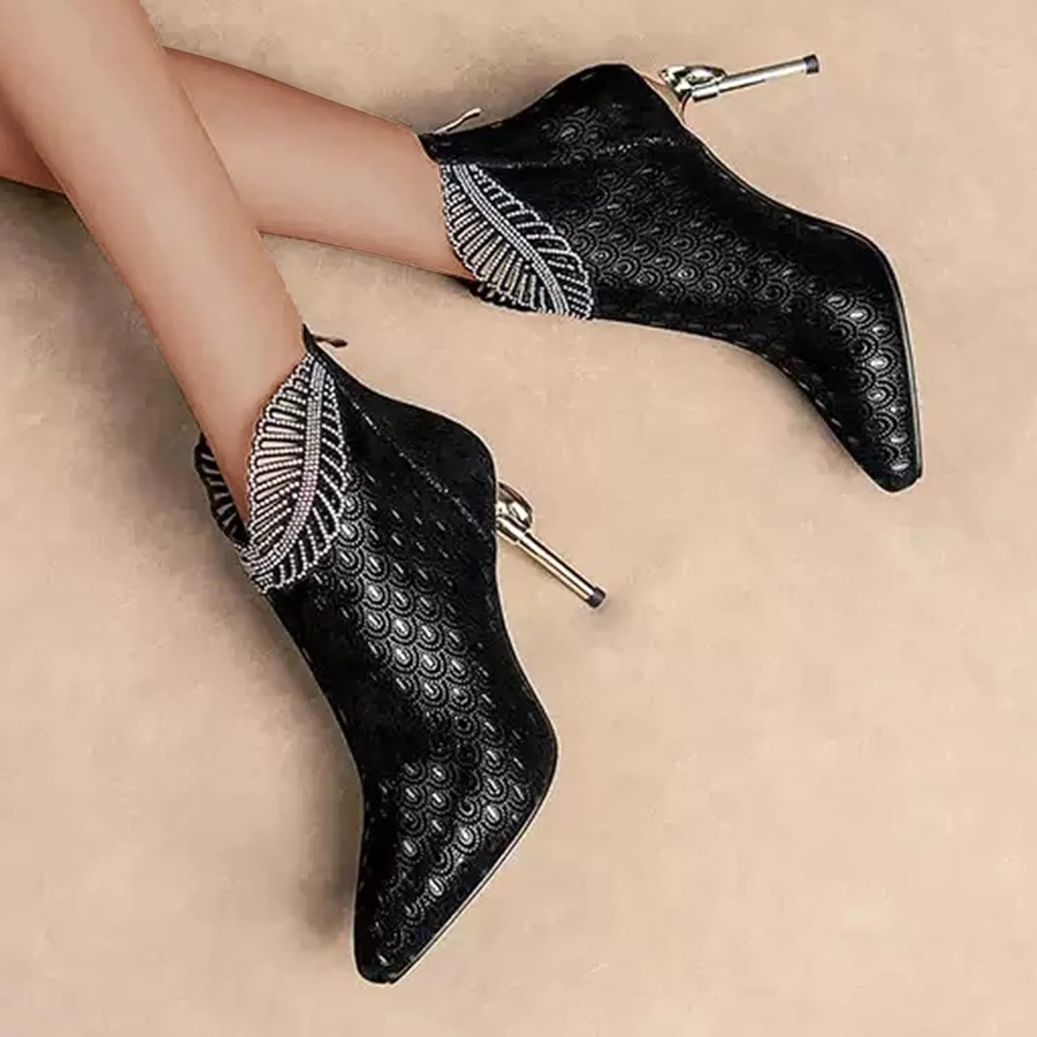 SuanlaTDS Short Boots for Women, Women's Rhinestone Western Boots Classic Vintage Pointed Toe Sexy High Stiletto Heel Zipper Pumps Wedding Bowtie Fall Dress Booties Shoes
