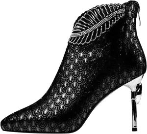 SuanlaTDS Short Boots for Women, Women's Rhinestone Western Boots Classic Vintage Pointed Toe Sexy High Stiletto Heel Zipper Pumps Wedding Bowtie Fall Dress Booties Shoes