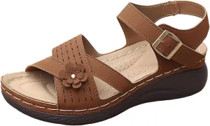 Summer Sandals for Women 2025 Open Toe Casual Low Wedge Sandals Vintage Ankle Strap Orthotic Walking Sandal Comfort Cushion Footbed Shoes for All Day Wear