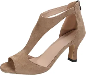Summer Sandals for Women Open Toe Stiletto Heels T-Strap Dress Shoes Cutout Low Kitten Heeled Back Zip Retro Pumps