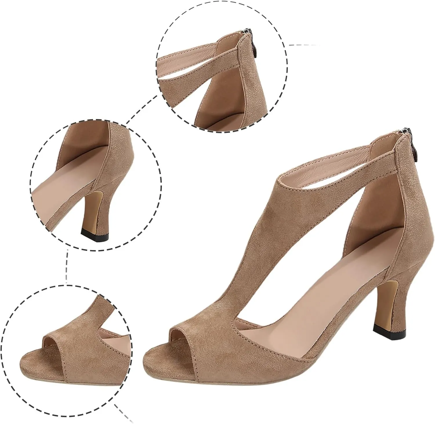 Summer Sandals for Women Open Toe Stiletto Heels T-Strap Dress Shoes Cutout Low Kitten Heeled Back Zip Retro Pumps
