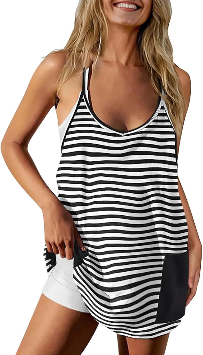 TARSE Athletic Dress for Women Casual Sleeveless Spaghetti Strap Sundress Workout Short Tennis Dress with Pockets