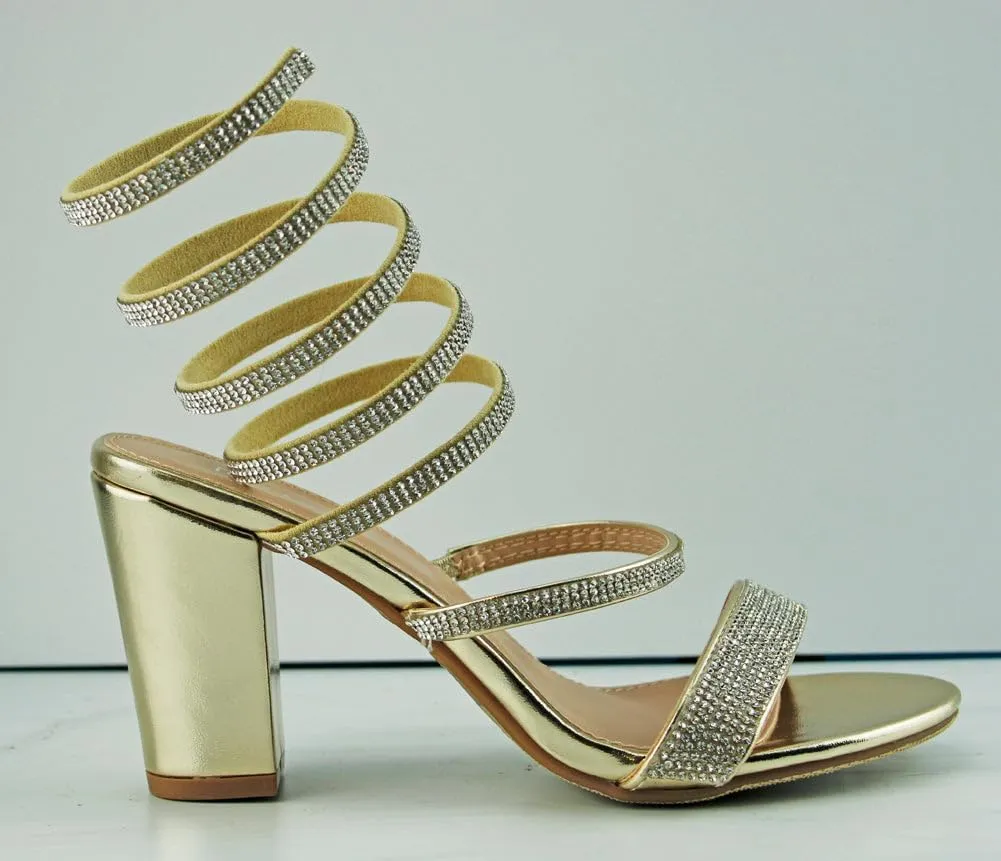 TOP Moda Women Rhinestone Spiral Ankle Strap Block Heels sandals