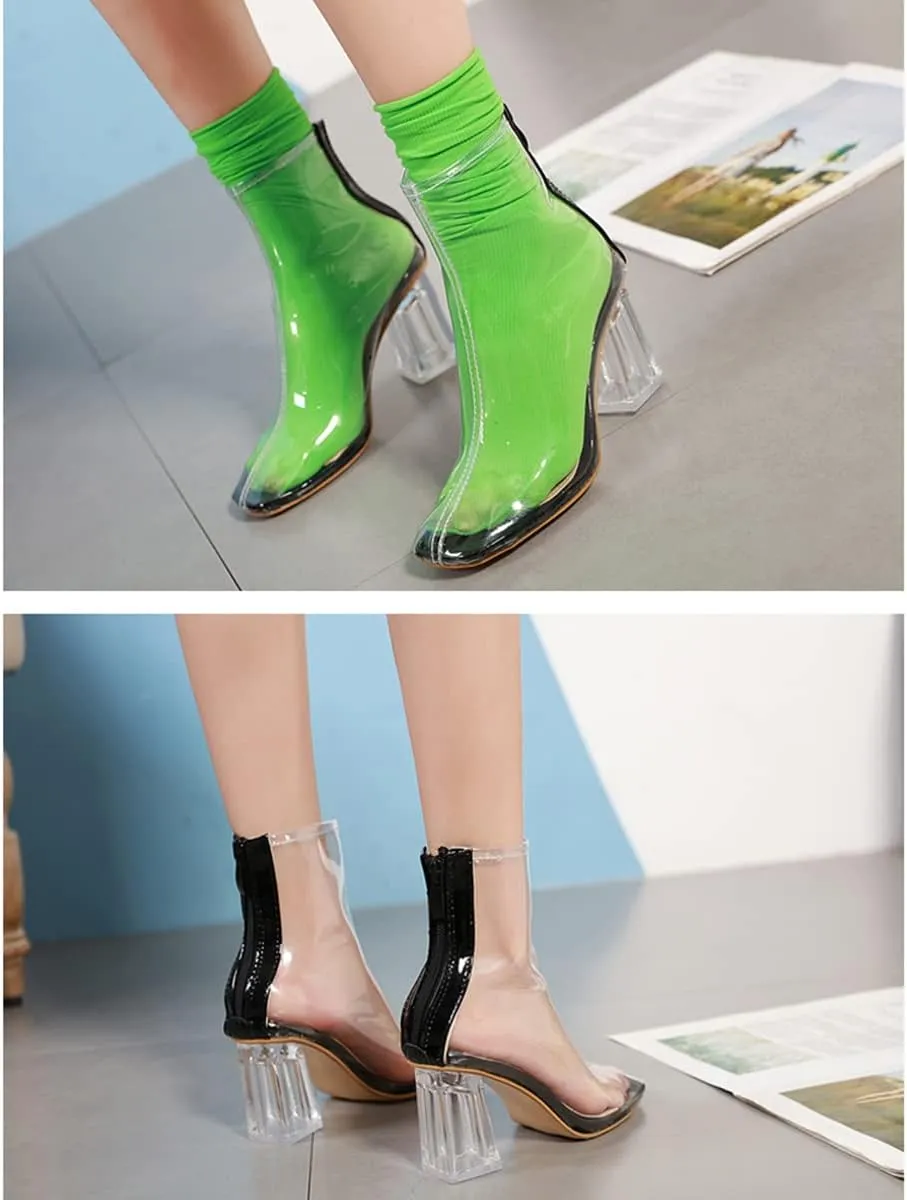 Transparent Heel Square Toe Booties for Women Lace Up Closed Toe Perspex Block Heel Ankle Boots