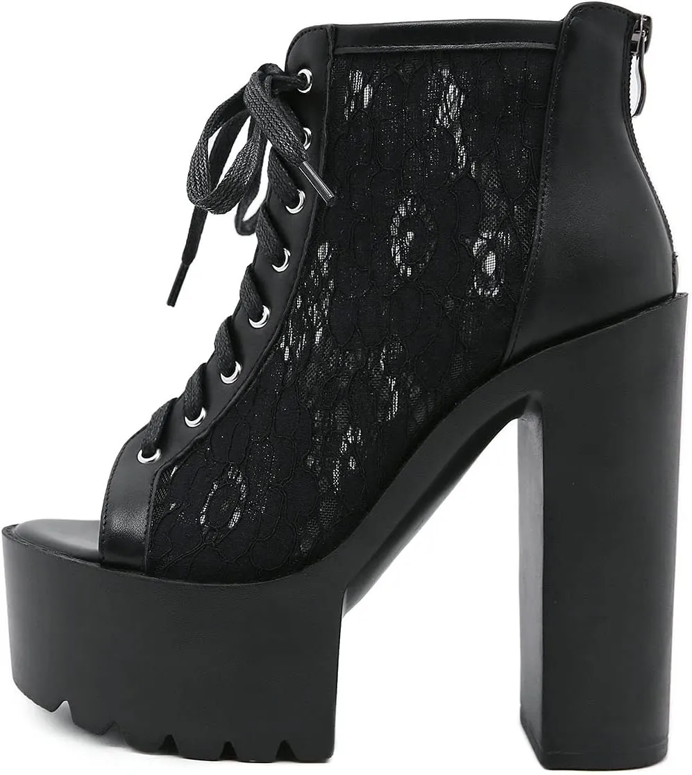 Trendenzy Women's Lace Peep Toe Platform Chunky High Heel Gothic Ankle Sandals