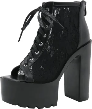 Trendenzy Women's Lace Peep Toe Platform Chunky High Heel Gothic Ankle Sandals
